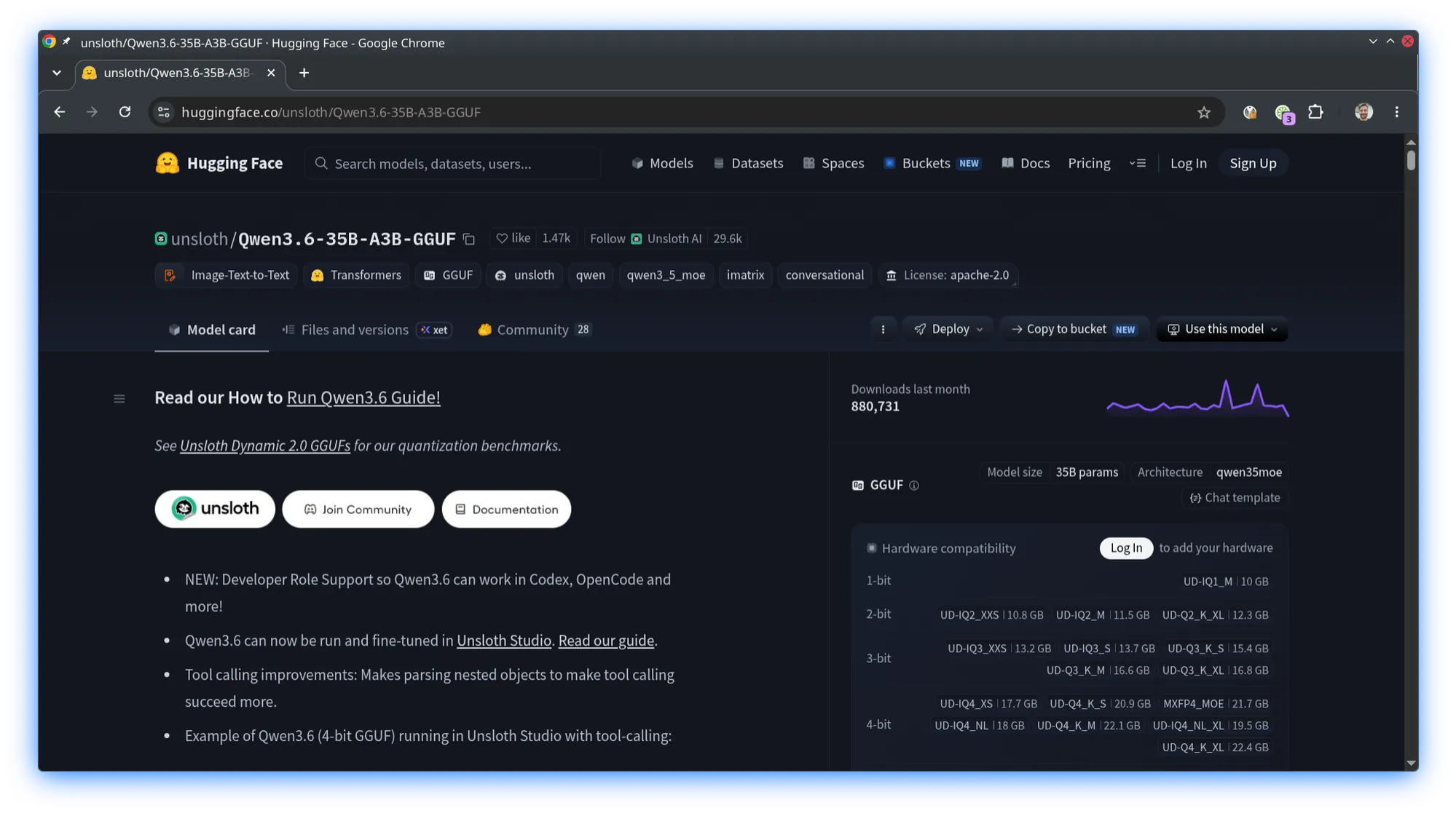 Modellkarte des Repositories unsloth/Qwen3.6-35B-A3B-GGUF auf Hugging Face mit Schlagworten, Lizenz, Downloadzahl, Architekturangabe und einer Tabelle der verfügbaren Quantisierungsstufen mit ihren Dateigrößen.
